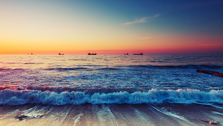 beach shore, Sun, sunrise, sea, horizon, ship, water, sky, sunset