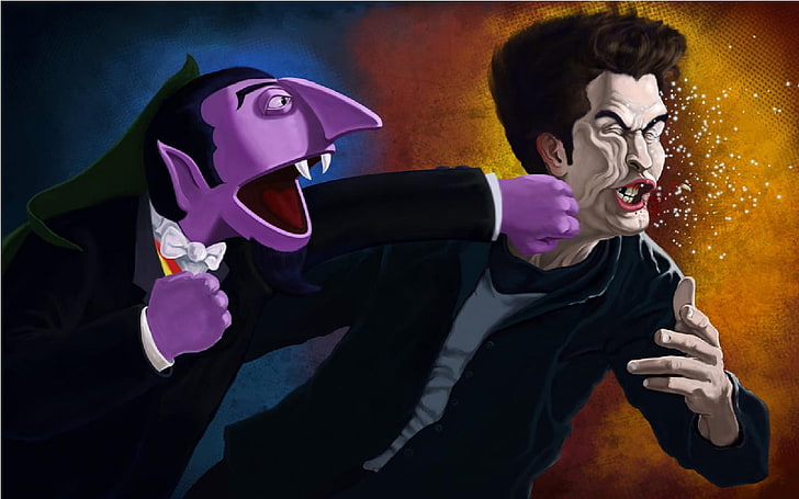 purple monster and man in black jacket digital wallpaper, Sesame Street