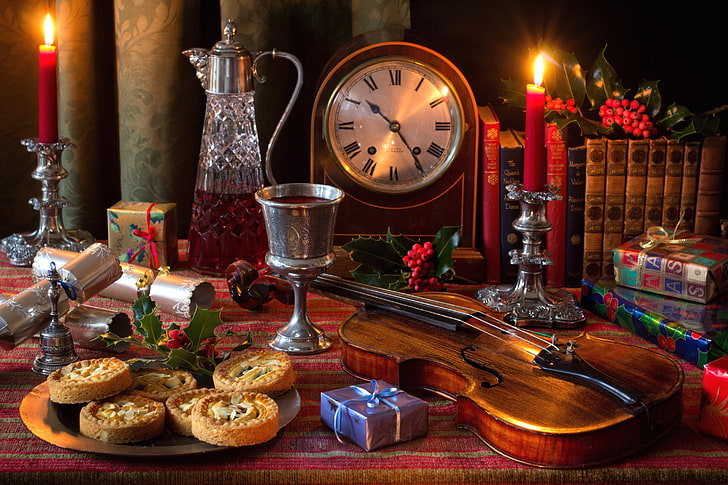 wine, violin, watch, glass, books, candles, cookies, gifts