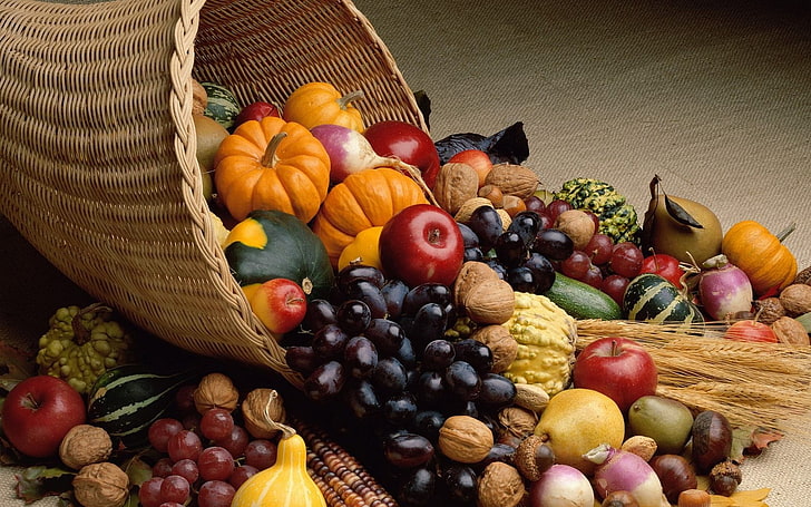 basket of assorted-color fruits, baskets, pumpkin, apples, grapes, HD wallpaper
