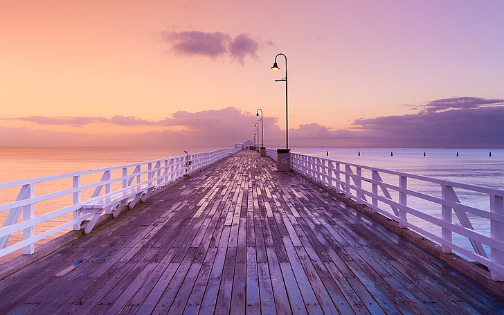 gray wooden dock, pier, sky, sunset, water, sea, street light