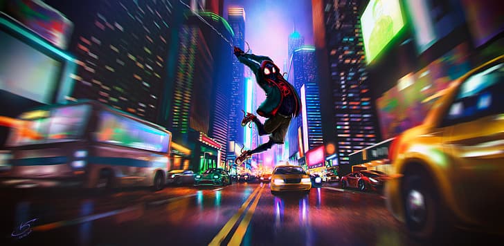 into the spiderverse, Spider-Man, Miles Morales, city, taxi
