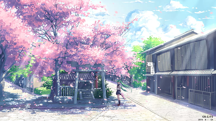 Hatsune Miku illustration, Vocaloid, anime, cherry blossom, school uniform