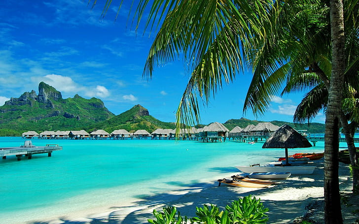 beach, Bora Bora, resort, bungalow, sea, palm trees, HD wallpaper