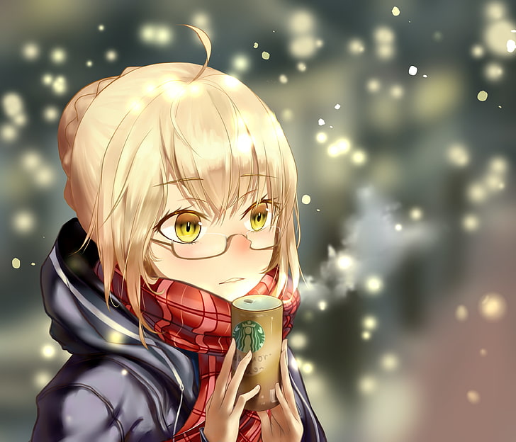 mysterious heroine x, fate grand order, coffee, snow, scarf, HD wallpaper