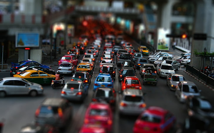 car lot, traffic, city, street, tilt shift, mode of transportation