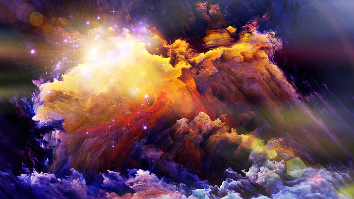 yellow and purple clouds artwork, digital art, abstract, space