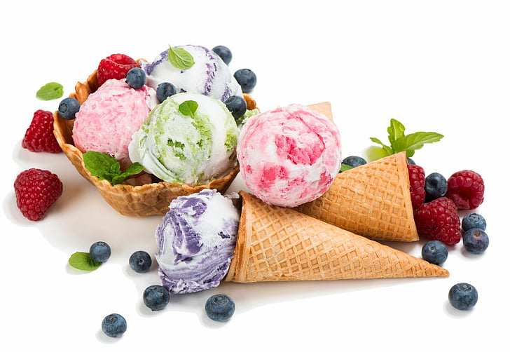 Food, Ice Cream, Blueberry, Fruit, Raspberry, Waffle Cone, HD wallpaper