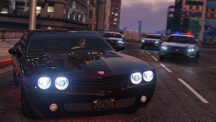 black car, Grand Theft Auto V, video games, PC gaming, police cars