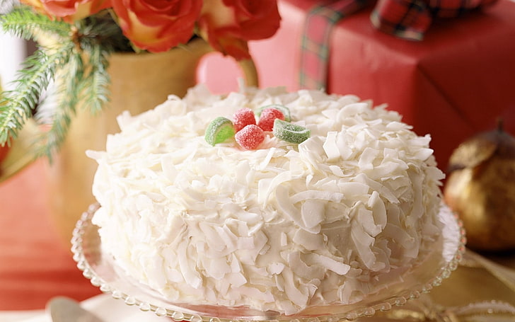 white cake, holiday, tenderness, food, New year, dessert, sweet, HD wallpaper