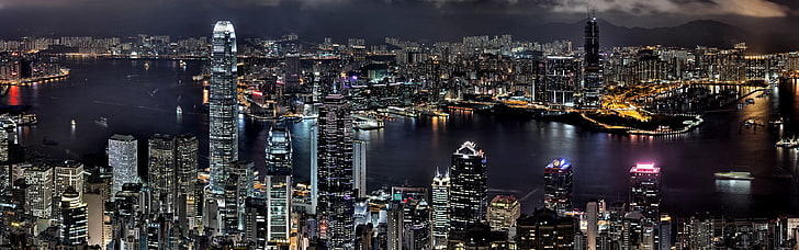 aerial view of high-rise building, cityscape, night, building exterior