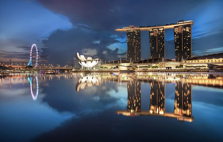 landscape landmark, cityscape, Singapore, Marina Bay, reflection, HD wallpaper