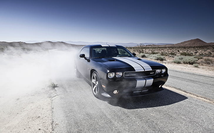 Dodge Challenger black car in the desert, HD wallpaper
