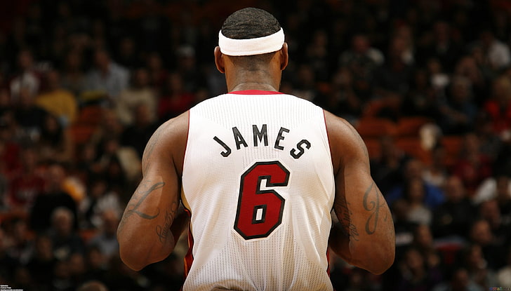 white and red basketball jersey, James, Lebron James, focus on foreground