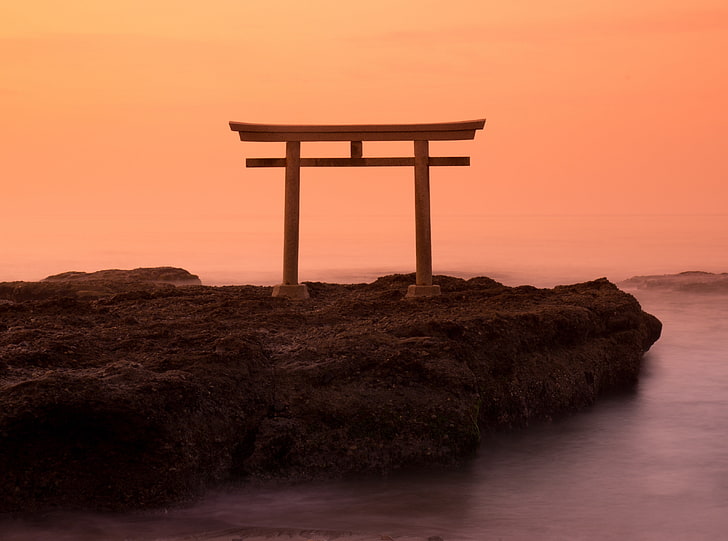 Sunrise View, Torii, Japan, brown concrete arch, Asia, Beach, HD wallpaper