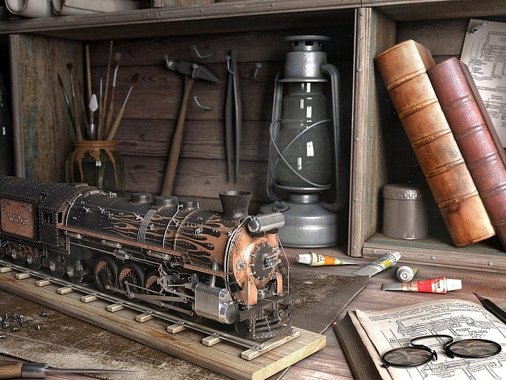 black and brown train scale model, toys, desk, books, locomotive