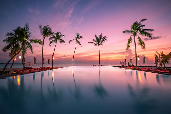 sunset, tropics, palm trees, the ocean, pool, Maldives, The Indian ocean, HD wallpaper