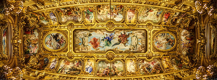 Ceiling of the Grand Foyer Palais Garnier, gold-colored serving tray
