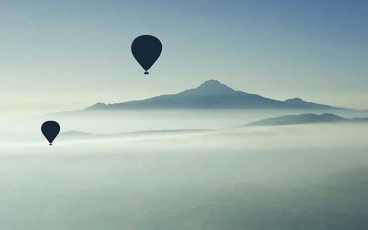 balloon, hot air balloons, mist, mountains, sky, HD wallpaper