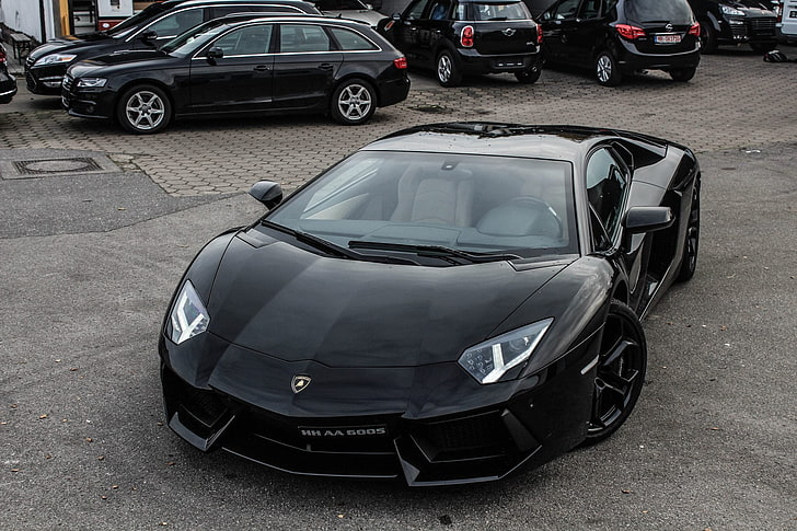 black Lamborghini Aventador coupe, lp700-4, front view, car, land Vehicle, HD wallpaper