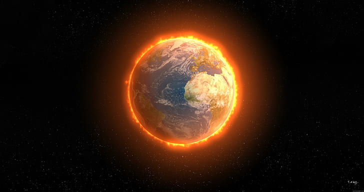 Earth on fire, earth and sun, space, star, graphic, HD wallpaper