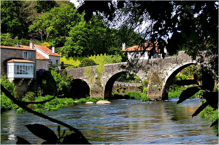 river with brick bridge connecting village, negreira, negreira, HD wallpaper