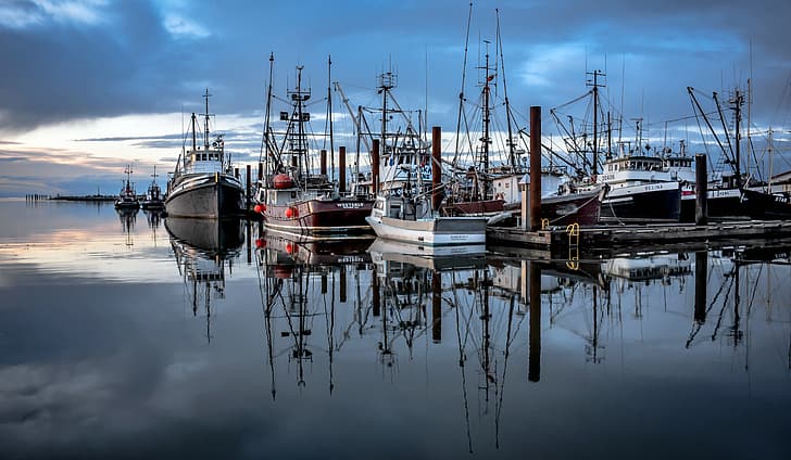 Fishing village, Steveston Harbour, Water reflections, Steveston Docks, HD wallpaper