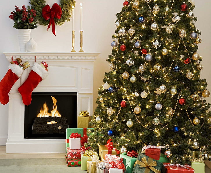 christmas tree, decoration, gifts, fireplace, wreath, stockings, comfort, home, HD wallpaper
