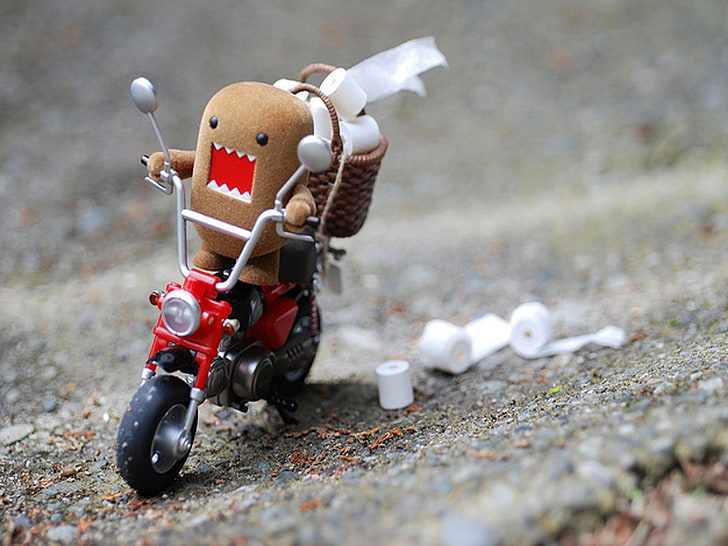Domo Kun toy, humor, motorcycle, toys, toilet paper, representation