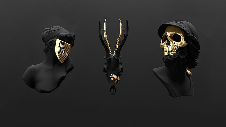 three assorted gold-colored masks, skull, studio shot, indoors, HD wallpaper