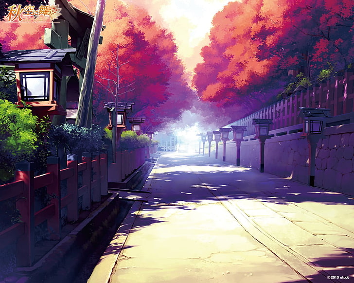 Hd Wallpaper Anime Trees And House Illustration Drawing Artwork Landscape Wallpaper Flare