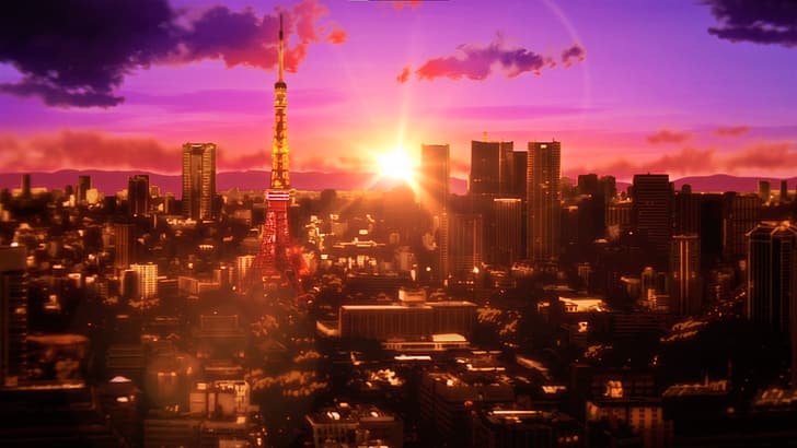 Jujutsu Kaisen, city, cityscape, Tokyo, Japan, sunset, clouds, HD wallpaper