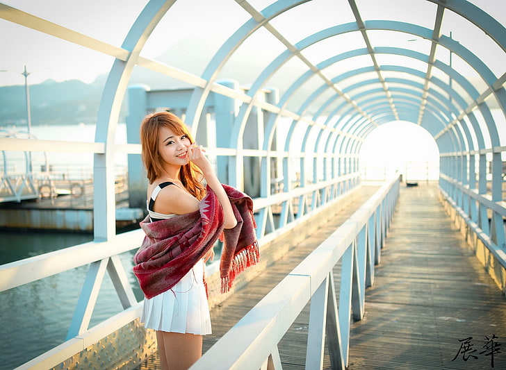Asian, women, redhead, standing, looking at viewer, smiling