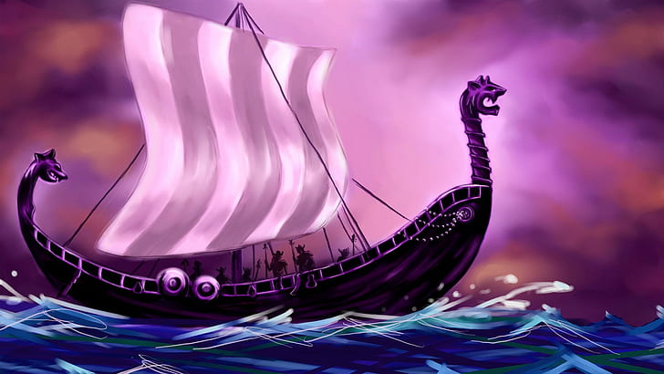 Vikings, fantasy art, artwork, boat, pink