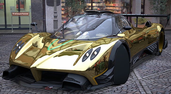 Pagani Zonda R Gold, gold Zonda Huayra, Games, Gran Turismo, car, HD wallpaper