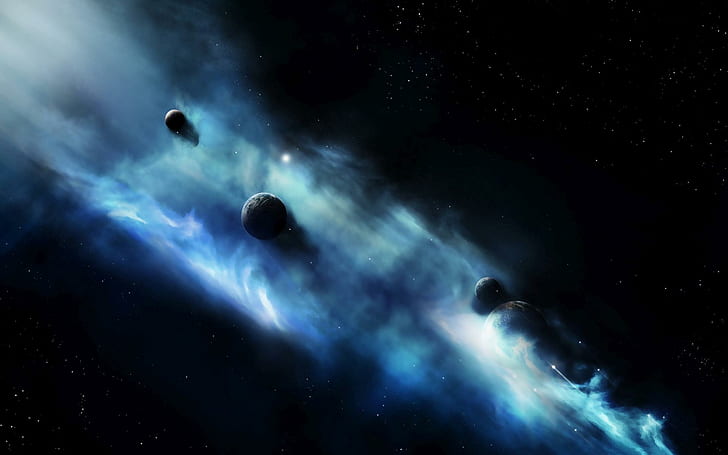 Explosion of blue planets, astronomical photograph, space, 1920x1200