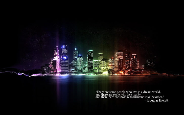 New York skyline at night, quote, cityscape, digital art, typography, HD wallpaper