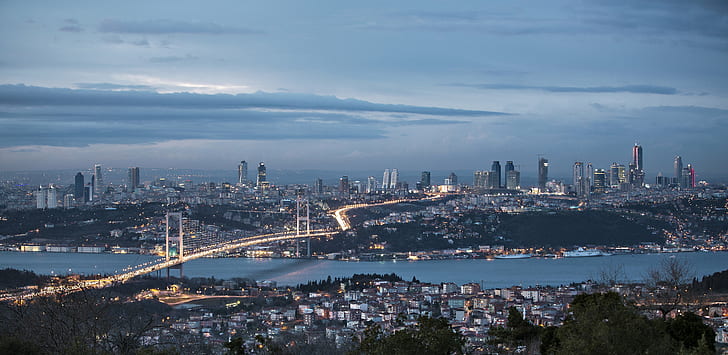 bosphorus, bridge, city, istanbul, marmara, night, sea, turkey, HD wallpaper