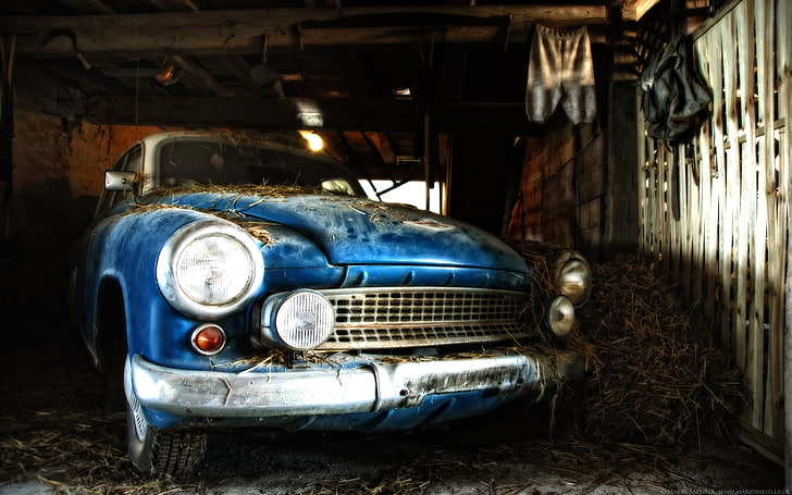blue car, blue cars, vehicle, digital art, Oldtimer, wreck, mode of transportation, HD wallpaper