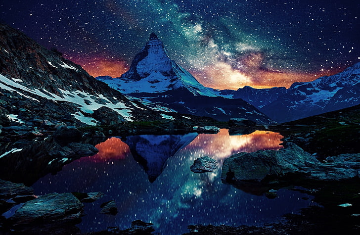 Matterhorn Switzerland, snow-covered mountain, Europe, aero, space