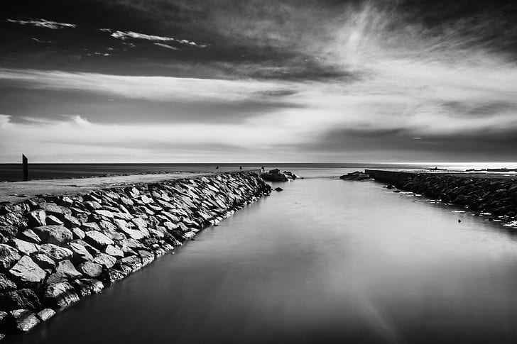 black and white body of water photography, eight seconds, long exposure