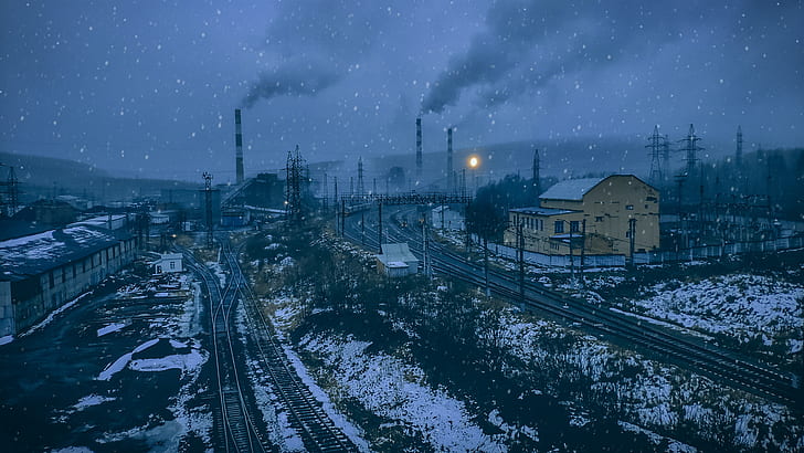 industrial, snow, winter, environment, sky, factories, railway