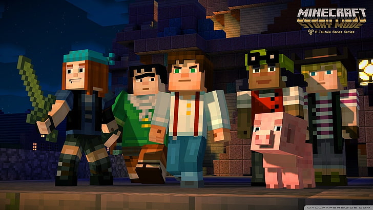 Minecraft Story Mode game application screenshot, five Minecraft character figures illustration