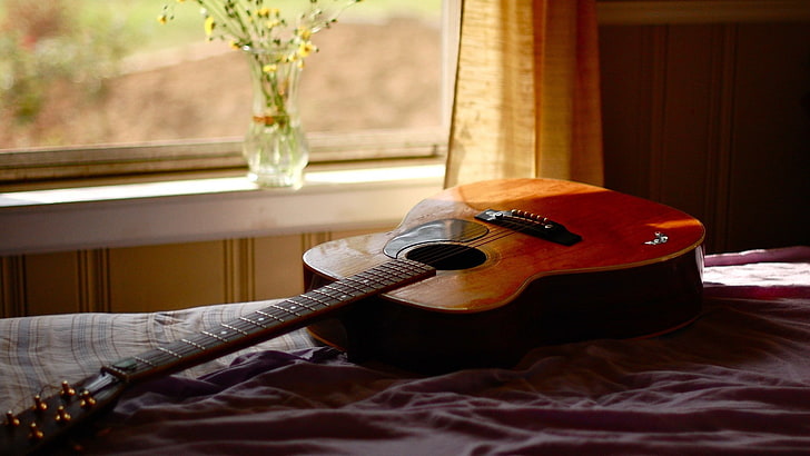 HD wallpaper: Acoustic Guitar On Bed-High quality wallpapers, brown  acoustic guitar | Wallpaper Flare