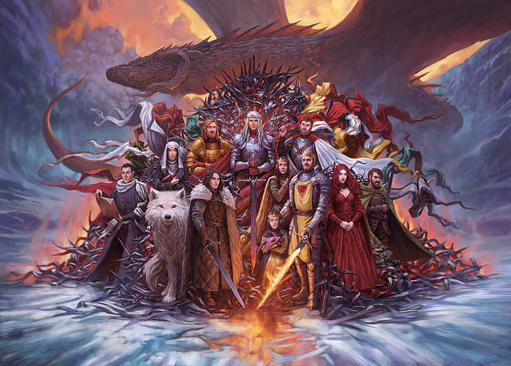 Dragon, Wolf, Fantasy, Ghost, A song of Ice and Fire, Game of Thrones, HD wallpaper