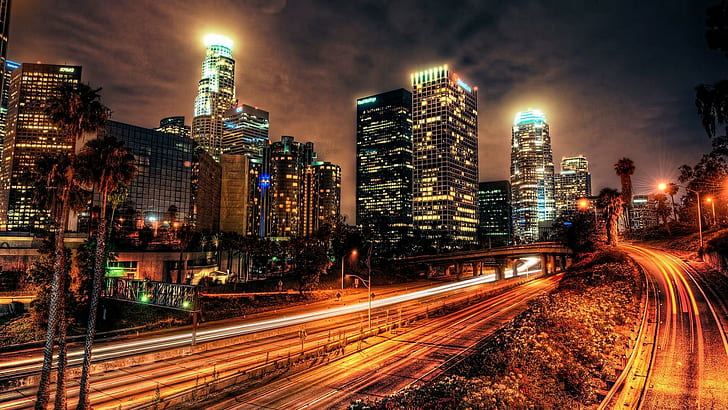 Late Night Highway Through Los Angeles Hdr, timelapse high rise building, HD wallpaper