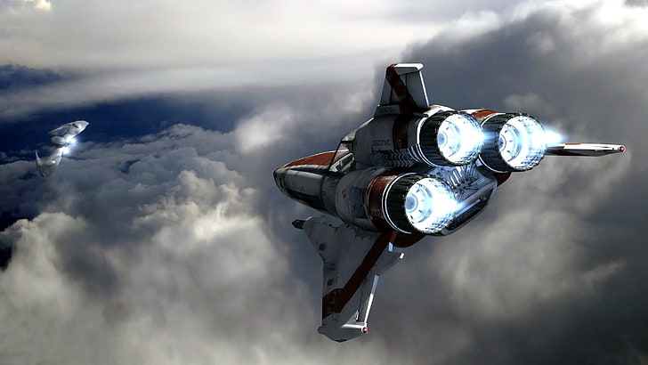 Battlestar Galactica, clouds, Cylons, digital art, Futuristic