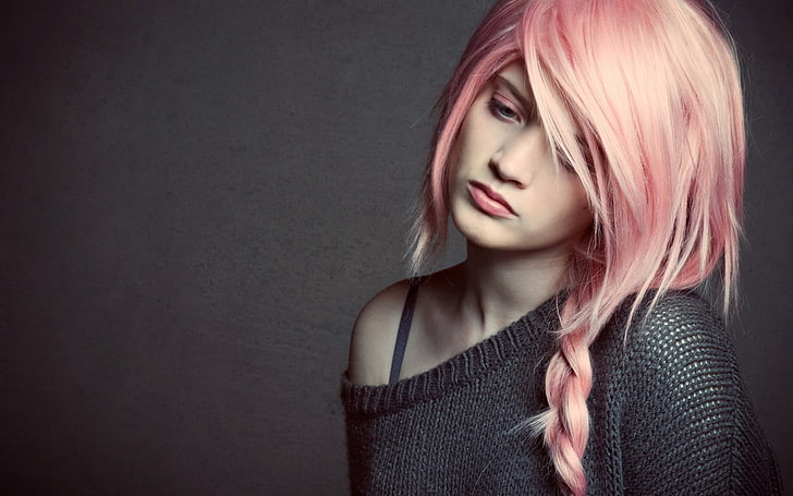 women, model, pink hair, pink eyes, sad, portrait, young adult, HD wallpaper