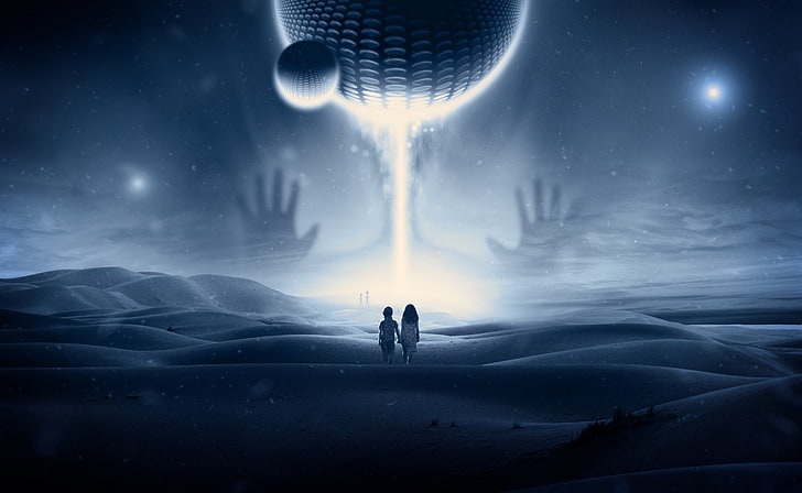 girl and boy illustration, children, ufo, meeting, extraterrestrials, HD wallpaper