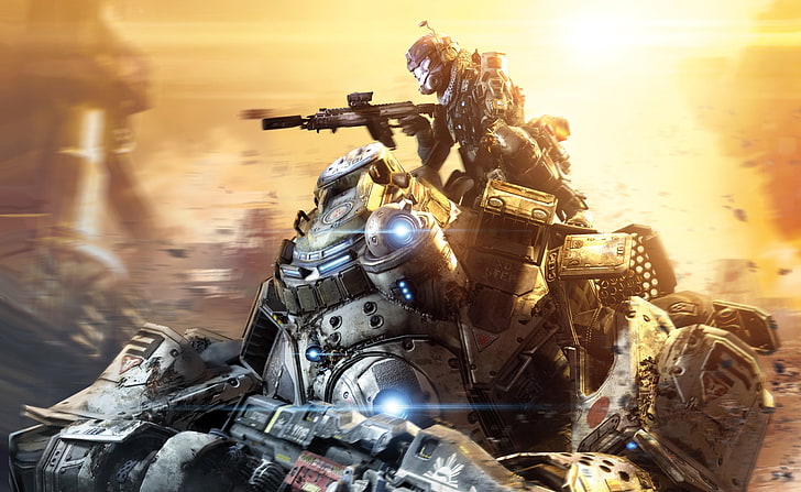 Titanfall Titans 2014 video game, male with rifle riding robot HD wallpaper